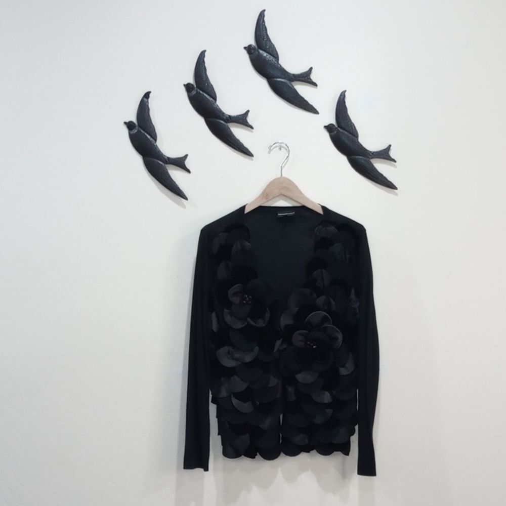 Emporio Armani Black Wool Cardigan With Felted Embellished Flowers, Size USA 10